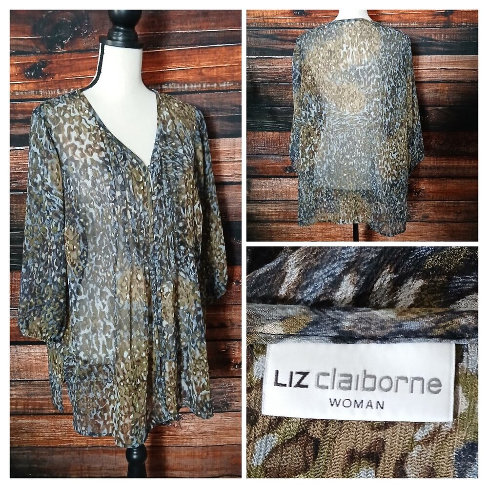 Liz Claiborne Peasant Top 1X Sheer Chiffon Animal Print Button Front 3/4 Sleeve
